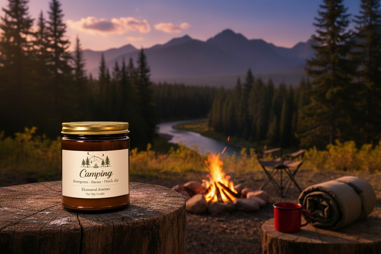 Candle jar labeled 'Camping' with nature-themed design on a white background